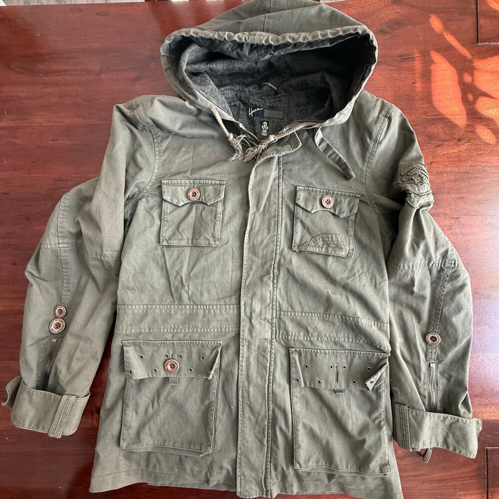 Vintage Y2K Howe military parka mens green jacket studded size M